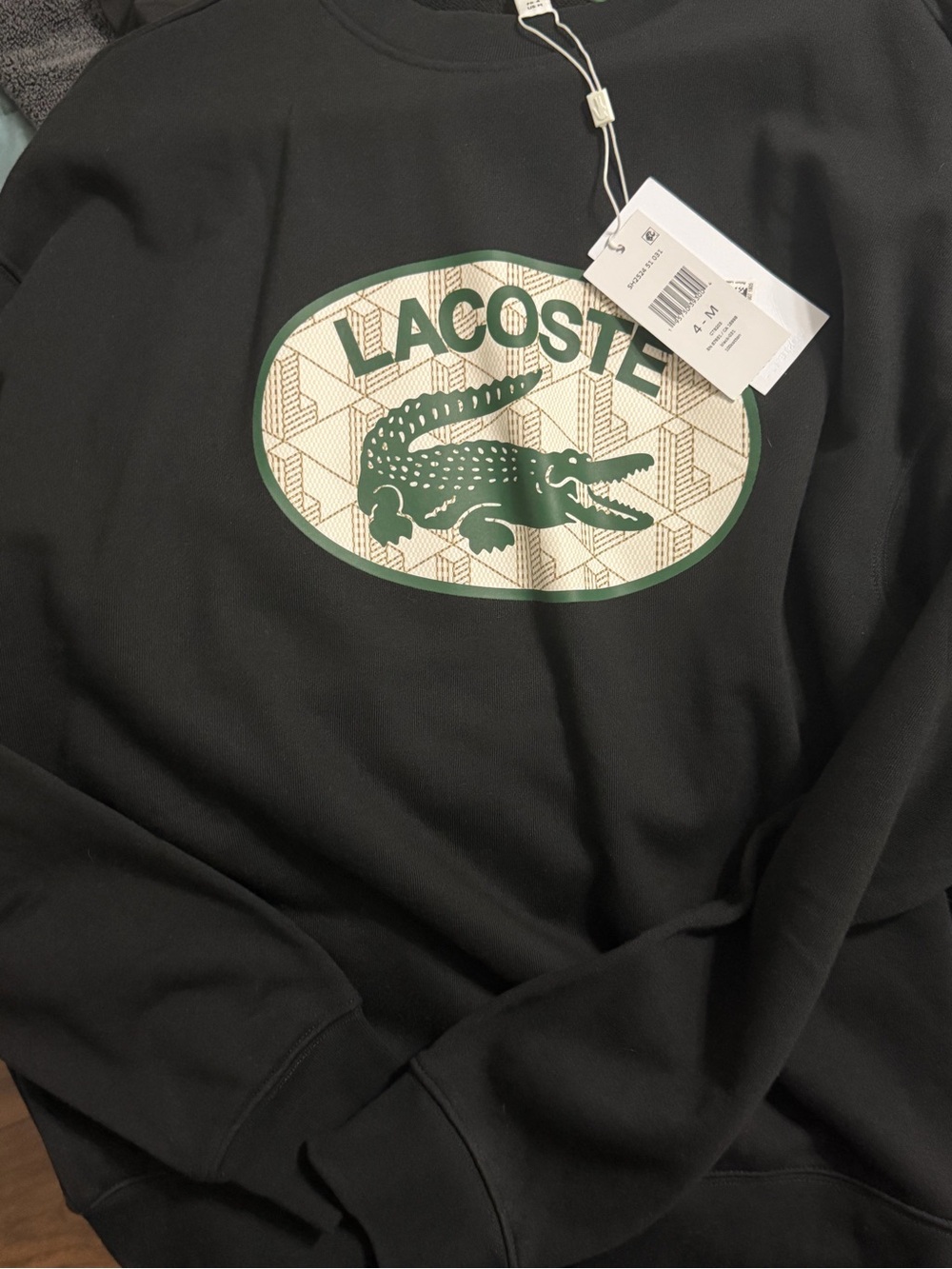 Lacoste Black Crewneck with Green & Cream Logo Patch